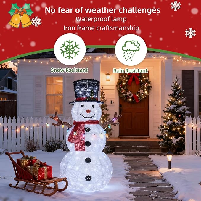 HOYECHI 5ft Lighted Pop-Up Snowman - Large White Outdoor Christmas Decoration with 200 LED Lights, Hat, Scarf, 10 Multicolored Lights, Holiday Ornaments for Home, Lawn and Front Yard