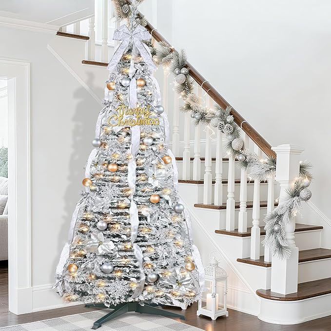 6 Ft Flocked Prelit Pop Up Christmas Tree with Timer & 8 Modes 200 Warm White Lights, Fully Pre-Decorated 80 Gold & Silver Ornaments Collapsible Pull up Xmas Tree with Lights for Indoor Home Decor