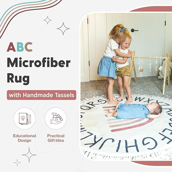 ABC Rug for Kids - 4ft Lovely Boho Rainbow Rug, Toddlers & Baby Rug for Playroom, Round Classroom Rug,Ultra Soft & Non Slip Alphabet Rug-Nursery Rug, Children's Room Carpet,Washable Kids Rug - 47 inch