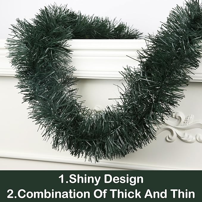 50FT PVC Green Christmas Tinsel Garland Tinsel Twist Greenery Garland for Christmas Tree Decorations, Xmas Tree Decor for Home Indoor Party Supplies