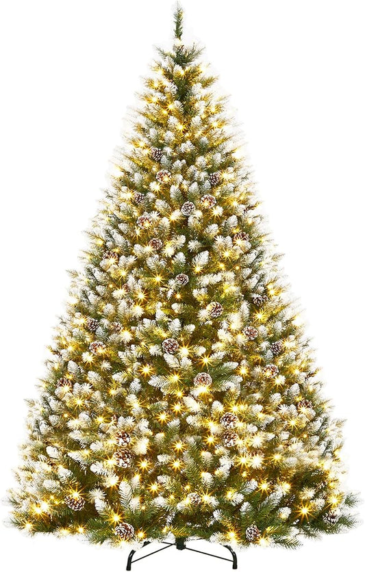 Garvee 9 ft Pre-Decorated Artificial Christmas Tree Prelit, Partially Flocked Design Xmas Tree with 1738 Branch Tips, 900 LED Lights, Pinecones & Metal Stand for Christmas Decorations