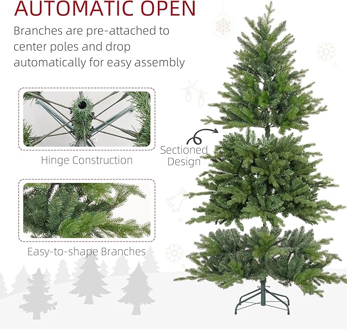 HOMCOM 6ft Artificial Christmas Tree with 1821 Tips, Foldable Metal Stand, Easy Assembly, Hinged Xmas Tree for Home, Office, Holiday, Green