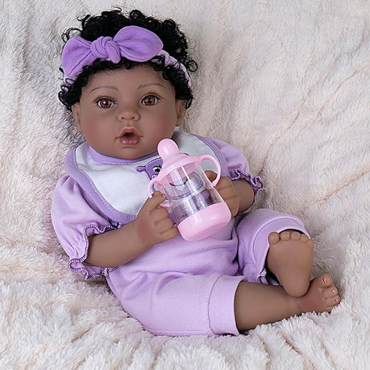 Reborn Baby Doll, 18-Inch Lifelike Baby Dolls American African Baby Girl Soft Cloth Body Newborn Baby Dolls with Clothes and Toy Accessories Birthday Gift for Kids Age 3+