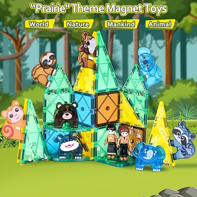 Magnetic Tiles Set, Magnet Blocks Building Toys, Safari Animals Magnetictile for Toddler 3-5, Assembly 3D Structure Jungle & Forest Theme, STEM Learning Toy for Kids Girls,Boys Age 3 4 5 6 7