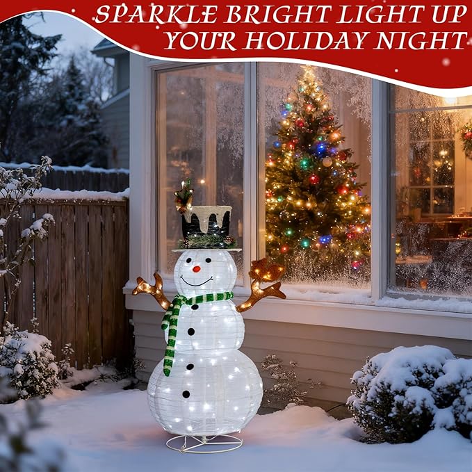 Snowman Outdoor Christmas Decorations with 120 LED Lights, 4ft Lighted Snowman with Metal Stand, Holiday Ornaments Xmas Decor for Home Porch Patio Yard Party (White with Squirrel, 4 FT)