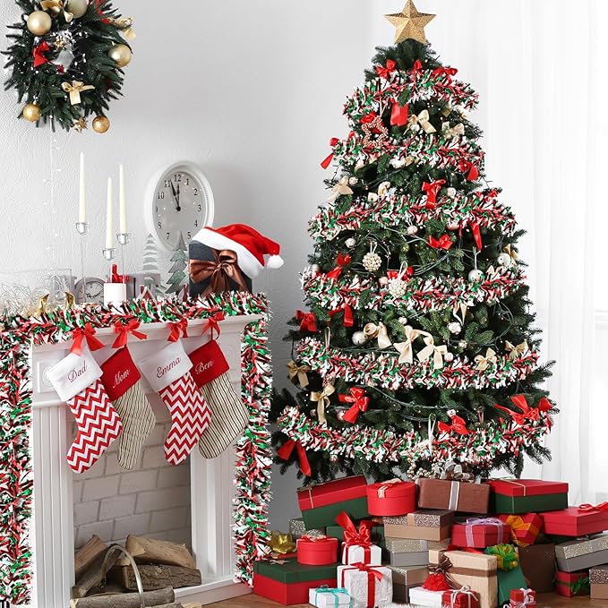 50 Feet Christmas Tinsel Twist Garland - Metallic Tree Decorations for Party Supplies Decor (Red, Green and White)