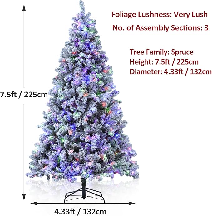 Flocked Christmas Tree Prelit, 7.5 ft Prelit Christmas Tree with 10 Function Warm & Colorful Lights, Easy Assembly Artificial Tree with Realistic Branch Tips