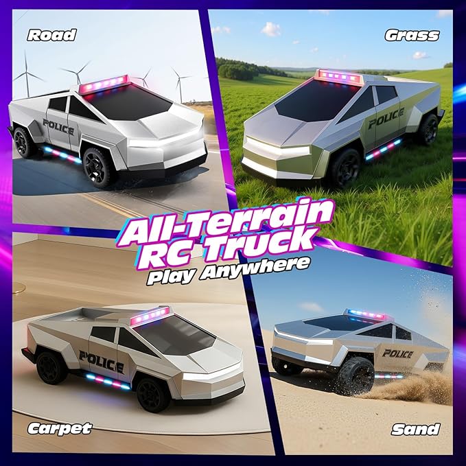 Tecnock RC Truck for Kids, 1:18 Scale Police Remote Control Truck with LED Lights, 2 Rechargeable Batteries, 2.4GHz All-Terrain RC Car, Toys Gift for Boys Girls Aged 3-8, 8-12