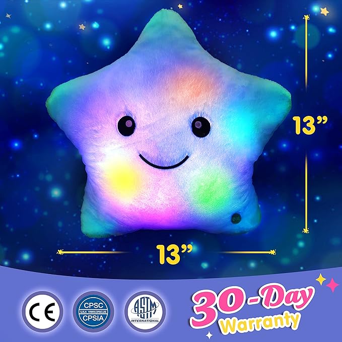 WEWILL 13'' Creative Twinkle Star Light up Night LED Plush Pillows Stuffed Animal Toys Birthday Valentines for Toddlers Girls(Blue)