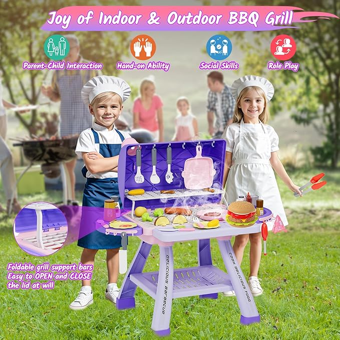 New Upgraded Kids BBQ Grill Playset with Smoke, Sound&Light, Toy Grill for Girls, Pretend Food Hamburger, Kitchen Barbecue Toy Game, Christmas Birthday Gift for 3-5 Kids, Pink & Purple
