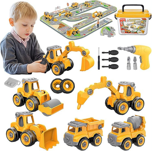 Take Apart Construction Truck Toys for Kids Ages 3-8 | STEM Learning Building Kit with Electric Drill Tool & Puzzle Play | Educational Engineering Toys Gift for Boys Girls Toddlers (Birthday, Holiday)