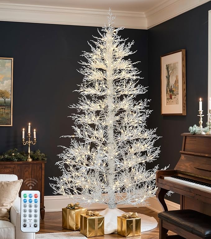 DWVO 6ft Pre-lit Artificial Christmas Tree, White Birch Prelit Christmas Trees for Home, Office, Party with 550 Thickened Branch Tips & 300 UL Listed Lights, Automatic Branches with Remote Control