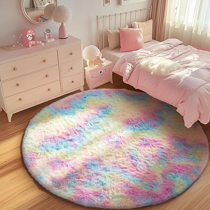 Ophanie Round Rug 6Ft Rainbow Circle Area Rug, Cute Room Decor for Teen Girls, Fluffy Fuzzy Bedroom Carpet, Plush Soft Shaggy Living Room Rugs for Kids Home Decor Aesthetic, Nursery