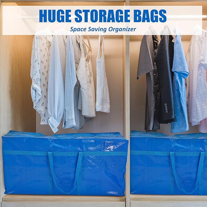 Windyun 4 Pack 121 Gallon Extra Large Storage Bags XXL Moving Bags with Zipper Handles Heavy Duty Jumbo Big Totes Box for Halloween Skeleton 4-12 Feet Christmas Tree Storage College Dorm Cloth (Blue)