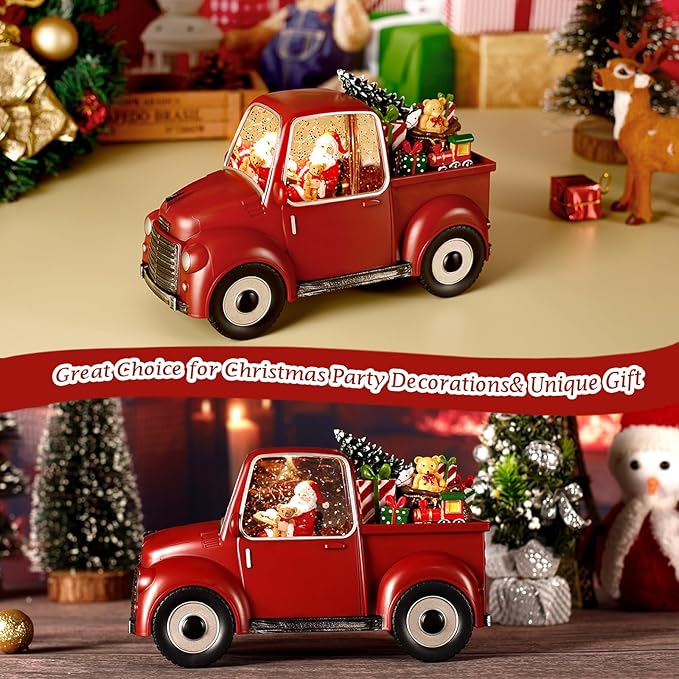 Musical Red Truck Snow Globe with Swirling Glitter with Santa, Christmas Tree,Gifts,Bear,Small Train,Christmas Decoration
