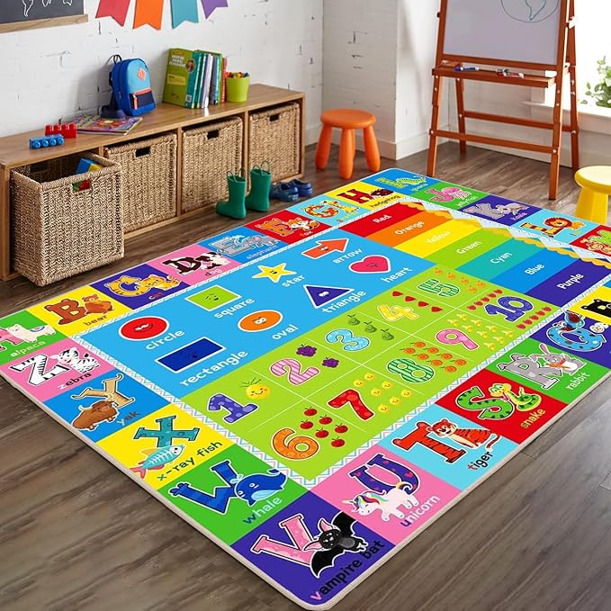 ABC Play Carpet for Kids – Extra Large Preschool Rug with ABCs, Numbers, Animals, and Colors for Playroom & Classroom - (110X78.7 Inches)