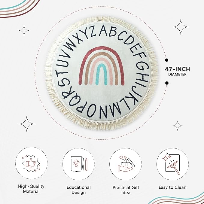 ABC Rug for Kids - 4ft Lovely Boho Rainbow Rug, Toddlers & Baby Rug for Playroom, Round Classroom Rug,Ultra Soft & Non Slip Alphabet Rug-Nursery Rug, Children's Room Carpet,Washable Kids Rug - 47 inch