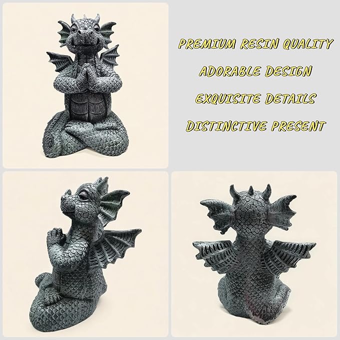 Cute Dragon Figurines Dinosaur Sculptures, Unique Resin Artwork for Office & Home Décor,Yoga Dragons Decorations for Garden & Yard,Outdoor Adorable Baby Dragon Statue Ornaments (Yoga C)