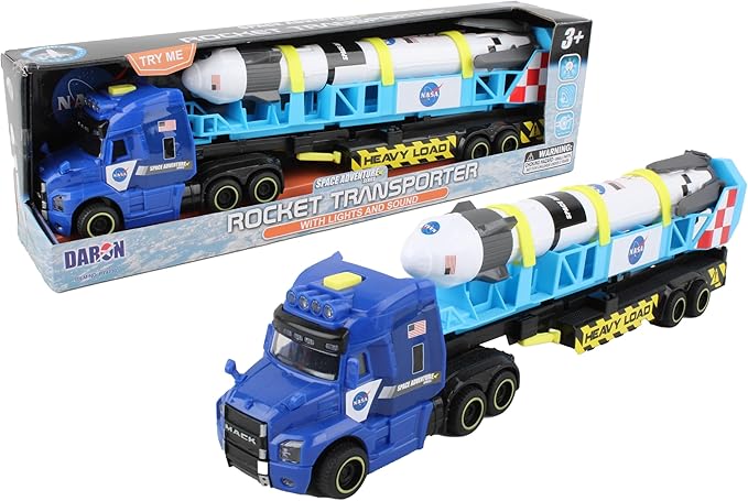 Daron Rocket Transporter with Articulated Tractor Trailer, Launch Platform, Lights & Sounds, Removable Rocket with Extendable Landing Fins - Ages 3+