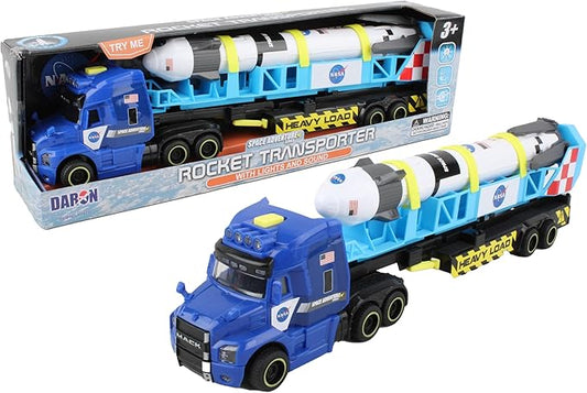 Daron Rocket Transporter with Articulated Tractor Trailer, Launch Platform, Lights & Sounds, Removable Rocket with Extendable Landing Fins - Ages 3+