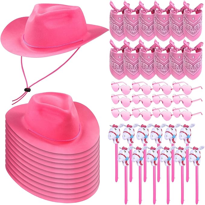 Xtinmee 48 Pcs Kids Cowboy Party Favor with Cowboy Hats Inflatable Stick Horses Bandanas Heart Glasses for Kid Costume(Pink)