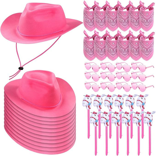Xtinmee 48 Pcs Kids Cowboy Party Favor with Cowboy Hats Inflatable Stick Horses Bandanas Heart Glasses for Kid Costume(Pink)