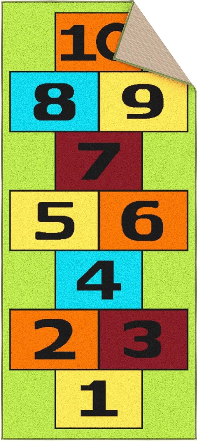 Ottomanson 2'7" x 6' Hopscotch Kids Rug - Play Mat for Playroom, Bedroom, Daycare & Classroom - Fun & Interactive Game Carpet - Durable and Non-Slip - Perfect for Learning & High-Traffic Areas, Green