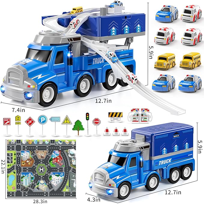 2 in1 Carrier Toy Trucks for Kids 3 4 5 6 Years Old - Vehicle Toys with 8 City Cars, Transport Race Tracks with Light and Music, Educational Car Games Gift for Toddler Ages 2-4 3-5 4-6 (Blue)