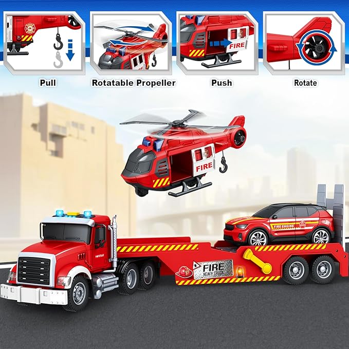 SpringFlower Extra Large Fire Truck Toys for Boys Girls with Racing Car and Helicopter, Lights, Sounds, Semi Truck Vehicle Toy for Toddlers 3 4 5 6 7, Christmas Birthday Gift