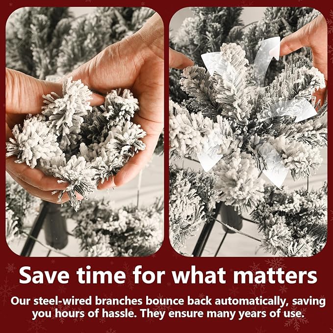 9ft Per-Lit Snow Flocked Christmas Tree, Artificial Christmas Tree with 650 Warm White Lights,1930 Branch Tips, Premium Green Full Xmas Tree for Easy Holiday Setup, Foldable Metal Base