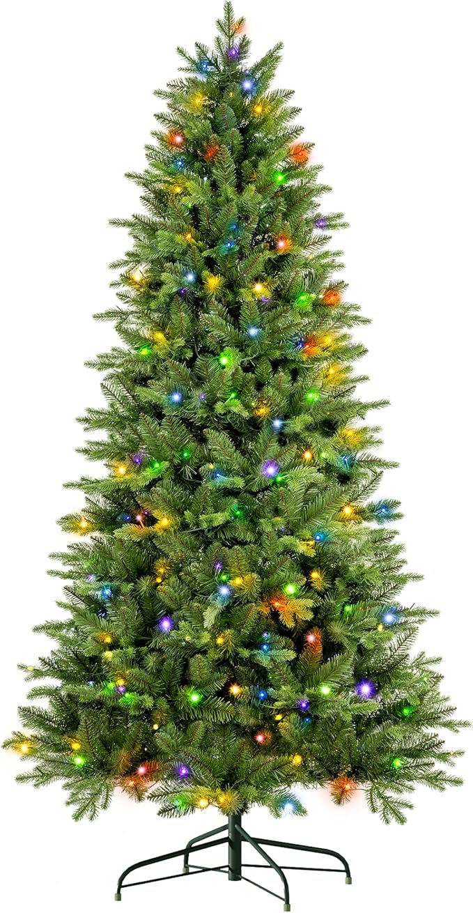 7.5ft Pre Lit Christmas Tree with 500 Multi-Color LED Lights – Artificial Balsam Holiday Tree with 2058 Realistic PE & PVC Tips, Foot Pedal, Hinged Branches, and Metal Stand