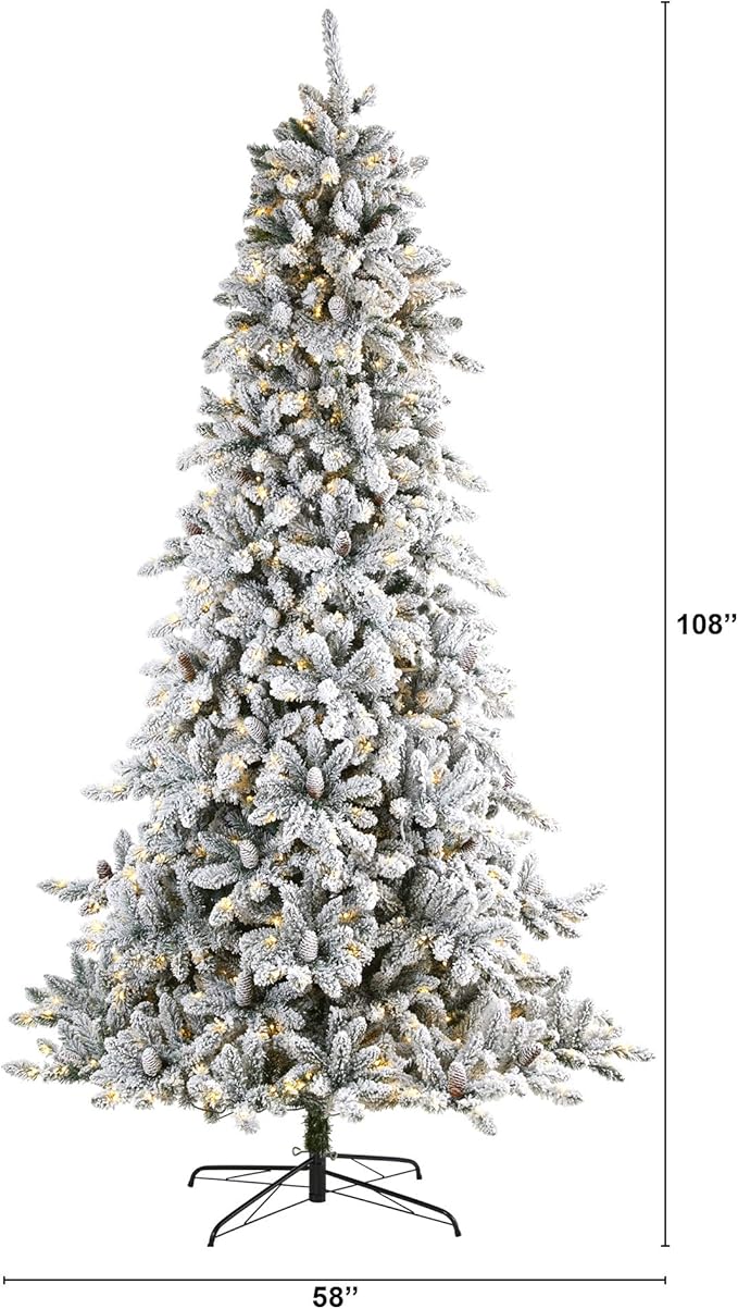 Nearly Natural 9ft. Flocked Livingston Fir Artificial Christmas Tree with Pine Cones and 650 Clear Warm LED Lights