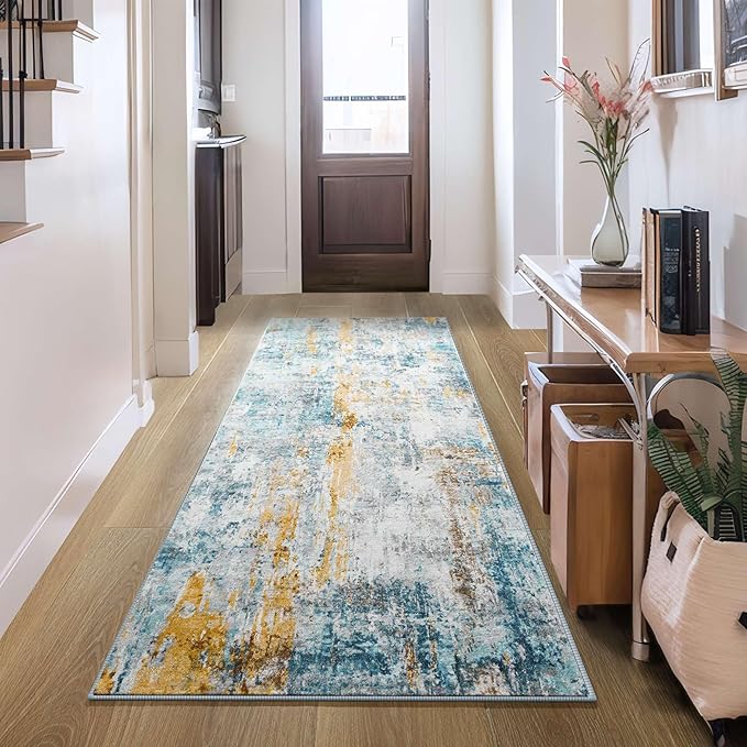 2x6 Rug Runners for Hallways Kitchen Runner Rug Non Slip Washable Blue Long Runner Rugs with Rubber Backing Soft Abstract Carpet Runner for Hallways, Kitchen, Bedroom, Bathroom, Entryway