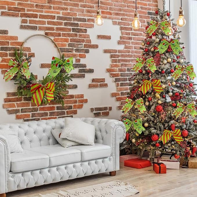 12Pcs Red Green Christmas Bows for Tree, 6 Inch Christmas Tree Bows with Adhesive Dots and Metal Tie, 3 Style Christmas Ornaments for Door Wreaths, Indoor Mantel, Gift Wrapping Decor