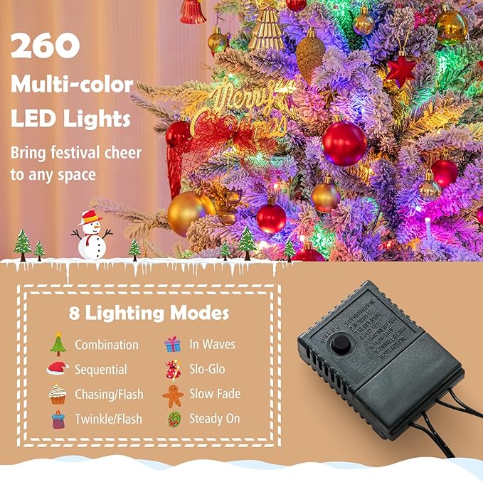 GOFLAME 6ft Pre-Lit Christmas Tree Snow Flocked, Hinged Artificial Xmas Tree with 820 Branch Tips, 260 Multi-Color LED Lights, 8 Lighting Modes, Holiday Decoration Tree for Home Office Party