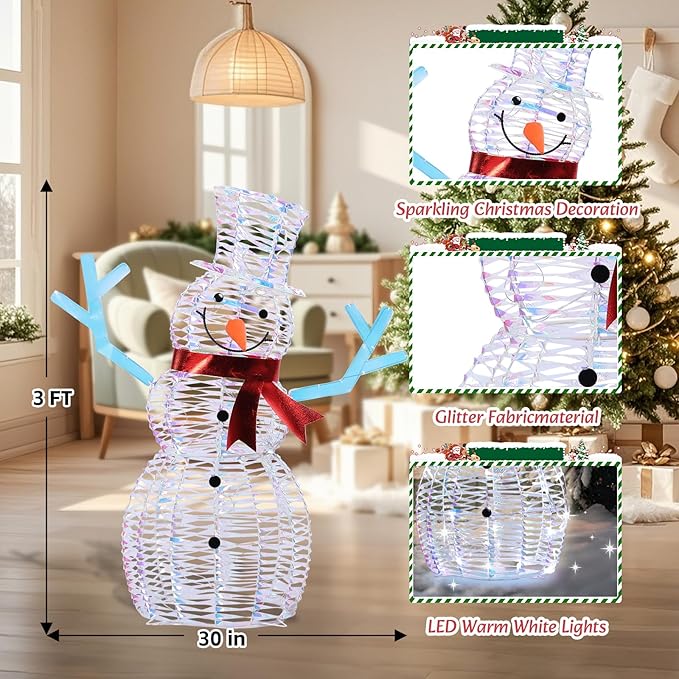 VCUTEKA Christmas Outdoor Decorations - 3FT Christmas Glittering Snowman with Red Scarf and LED Light for Xmas Home Yard Patio Lawn Garden Festive Holiday Décor