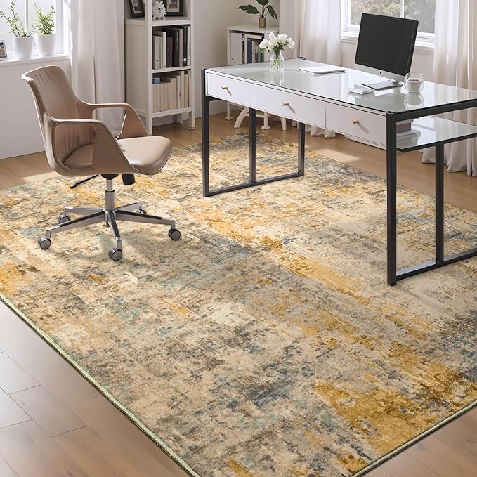 Ompaa Living Room Rug 6x9 Beige Area Rug Machine Washable Boho Rug Non Slip Abstract Vintage Indoor Large Rugs for Bedroom, Classroom, College Dorm, Farmhouse, Dining Room, Kids Playroom