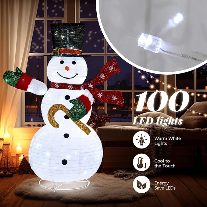 Outvita Outdoor Christmas Decorations 4 FT Lighted Snowman, White Foldable Snowman with 100 LED Lights Red Scarf Black Hat, Perfect for Xmas Indoor and Outdoor Lawn Garden Yard Holiday Decor