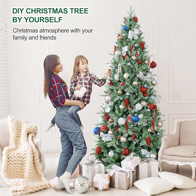7 FT Artificial Skinny Christmas Tree,Unlit Blue Spruce Slim Pencil Xmas Tree with 1552 PE&PVC Mixed Branch Tips,Hinged Pine Tree with Metal Stand for Home Office Décor