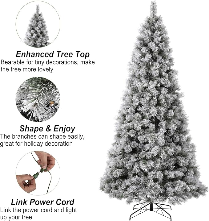 Glitzhome 9 ft Pre-Lit Christmas Tree with 900 Warm White LED Lights, 1030 Branch Tips and Easy Assembly Metal Stand, Artificial Snow Flocked Hinged Xmas Tree for Party Home Decoration