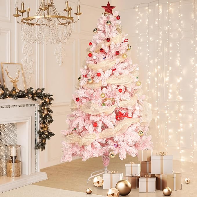 6FT Pink Premium Artificial Holiday Christmas Tree, Snow-Flocked Pine Tree with 1000+ Branch Tips, Metal Stand and Hinged Branches for Indoor and Outdoor