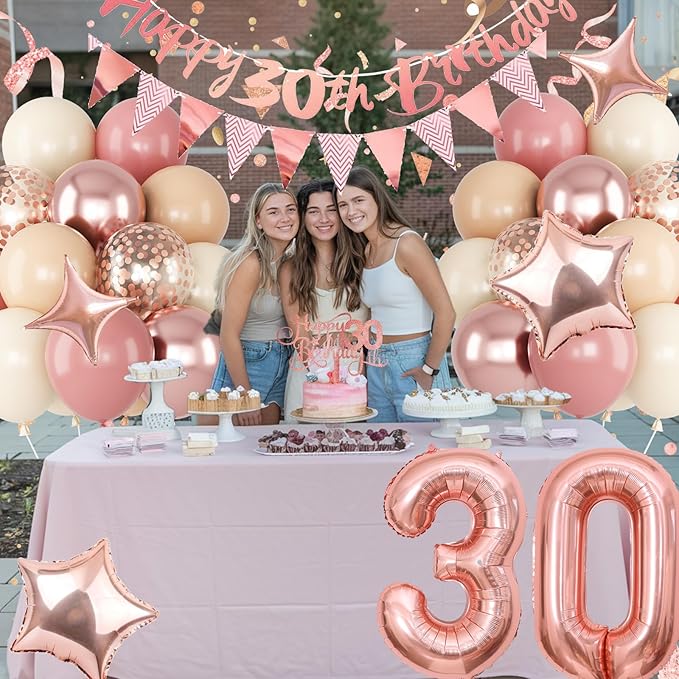 30th Birthday Decorations for Women, Retro Pink Beige Number 30 Balloon Set Happy 30th Birthday Banner Cake Topper Dusty Pink Nude Rosegold Star Balloons for Her 30 Year Old Bday Party Decor