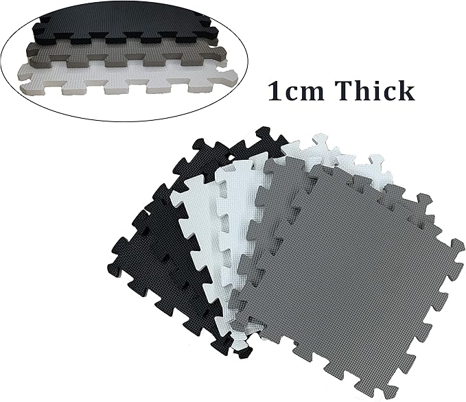 16 Pieces Foam Play Mat with Border, Interlocking Playmat Tiles, Foam Floor Mat Tiles for Kids, Puzzle Play Mats, Exercise Gym Mats – Color of Black & Grey & White