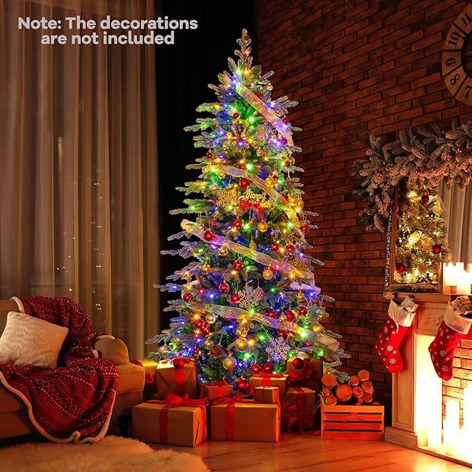 Goplus 7.5ft Pre-Lit Artificial Christmas Tree, Hinged Xmas Tree with 1162 PVC & PE Tips, 380 Multicolored & Warm White LED Lights, 11 Modes, Remote Control, Metal Stand, Home Office Decoration