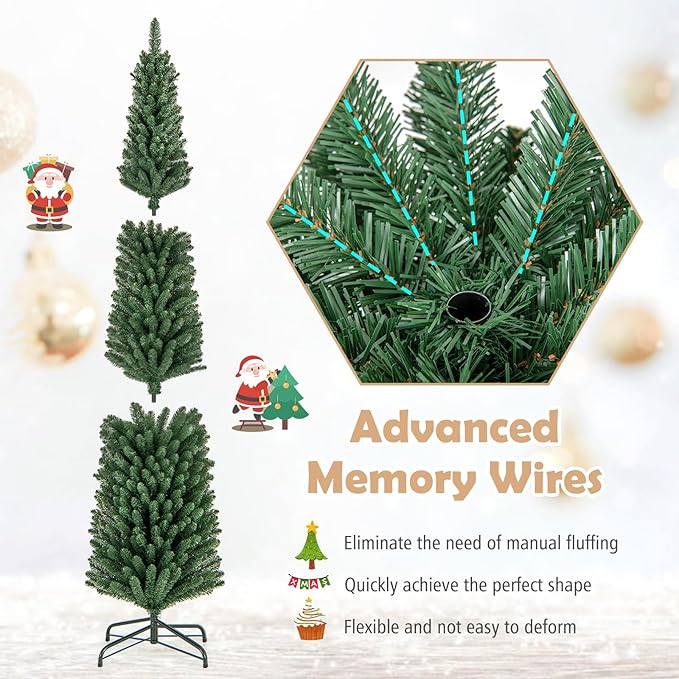 GOFLAME 8FT Prelit Pencil Christmas Tree, Slim Artificial Xmas Tree with 671 Memory Wire Branch Tips, 250 Warm White LED Lights & Upgraded Metal Stand, Seasonal Holiday Decoration Tree for Home Party