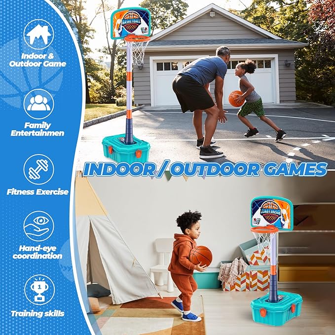 4 in 1 Basketball Hoop for Kids 1-3,Toddler basketball hoop and T-Ball Set,Height Adjustable Kids Basketball Hoop,Baseball Launcher,Indoor/Outdoor Basketball Hoop Toy for Boys and Girls Birthday Gifts