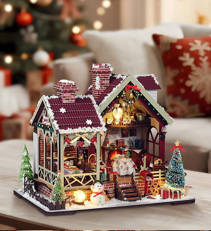 DIY Christmas Miniature House Kit Mini Wooden Dollhouse Kits for Adults Xmas Eve Snowflakes Building with LED Light, Diorama Model Birthday Gifts for Family/Friends
