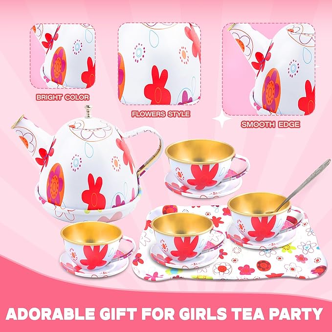 SMILESSKIDDO 15pcs Tea Party Set for Little Girls - Princess Tea Party Sets,Kids Kitchen Pretend Play Toys - Toddler Tea Party Sets for Girl 3-5, Girls Tea Party Set Gift for 3 4 5 6 7 8 Girl (White)