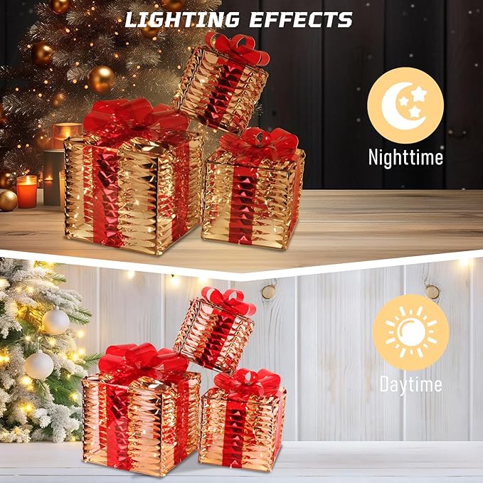 Christmas Light Gift Box Decorations, 3-Piece Set, Pre-Strung Wired Gifts with Bows, Illuminate Christmas Tree Skirt Decorations. Suitable for Indoor and Outdoor Use.（Gold）