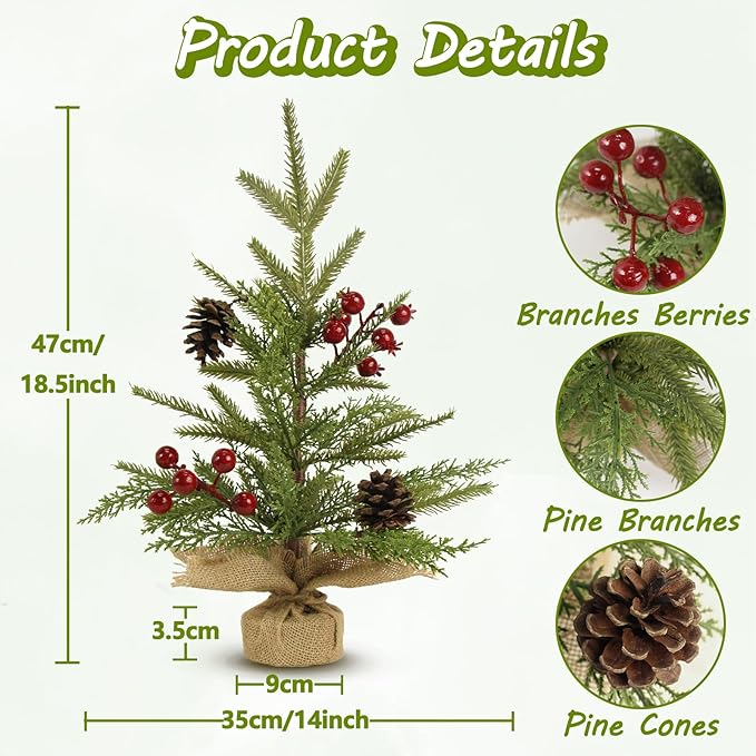 Mini Christmas Tree, 18.5 inch Tabletop Artificial Small Christmas Tree with Red Berries Pinecones Small Xmas Tree for Home, Dining Room, Office, Hotel, Party Desk, Table Top, Mantel